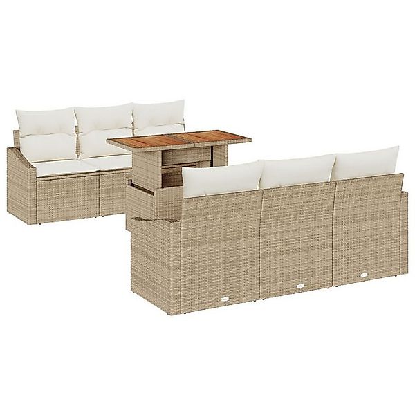 vidaXL Loungesofa 7-teiliges Garten Essgruppe mit Kissen beige Poly Rattan, günstig online kaufen