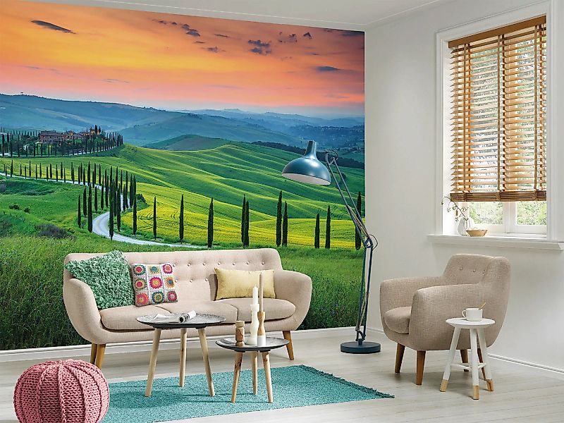 Fototapete Toskana Landschaft Grün Orange Gelb 3,50 m x 2,55 m FSC® günstig online kaufen