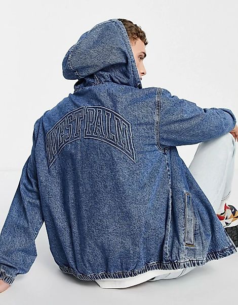 Topman – Jeansjacke mit Kapuze und Stickerei in verwaschenem Mittelblau günstig online kaufen
