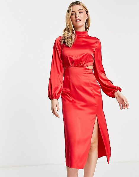 Miss Selfridge – Midi-Ausgehkleid aus rotem Satin mit Zierausschnitten günstig online kaufen