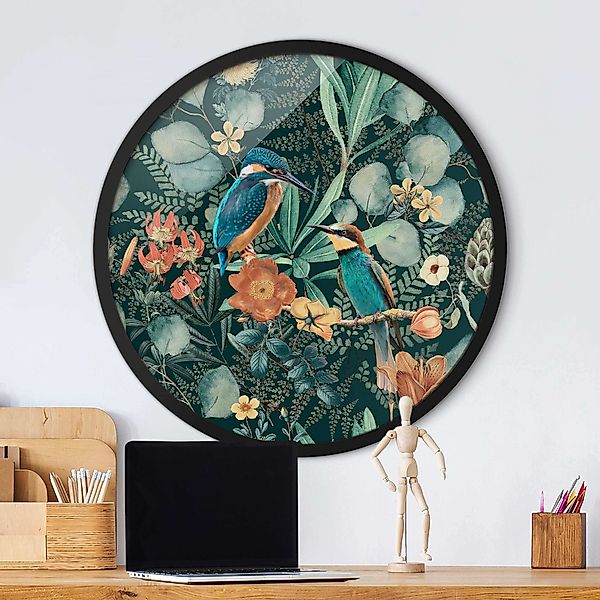 Rundes Bild mit Rahmen Blumenparadies Eisvogel und Kolibri günstig online kaufen