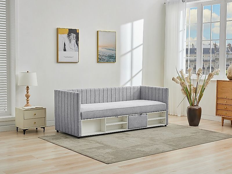 Bett Klappsofa mit Bettkasten - 80 x 200 cm - Stoff - Grau - LAOZIA günstig online kaufen