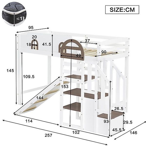HAUSS SPOLE Kinderbett 90x200cm, Mit Fenster, Rutsche, 2 Schließfächer in d günstig online kaufen
