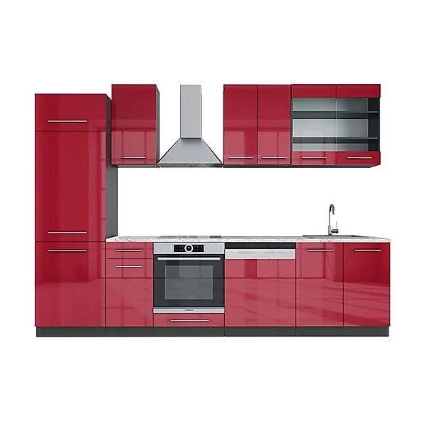 Vicco Fame-Line Küchenzeile Bordeaux Hochglanz/Anthrazit 300 cm AP Marmor o günstig online kaufen