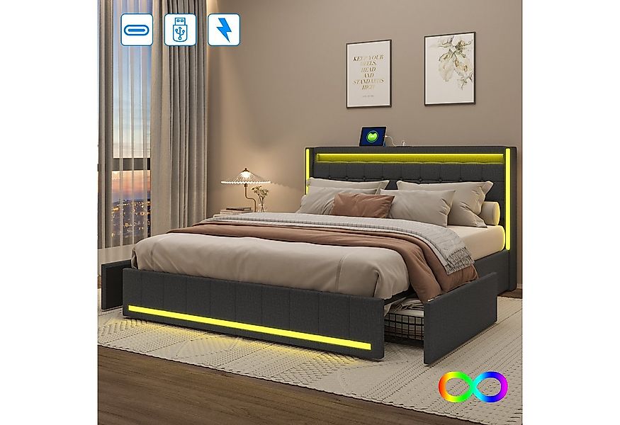 PXloue Polsterbett LED Doppelbett 140x200 cm (Inklusive USB-Typ-C-Ladeansch günstig online kaufen