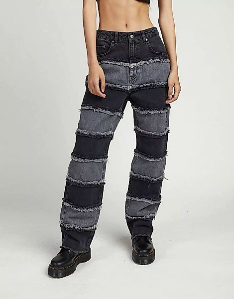 The Ragged Priest – Mom-Jeans aus Denim mit hohem Bund und Patchwork-Streif günstig online kaufen