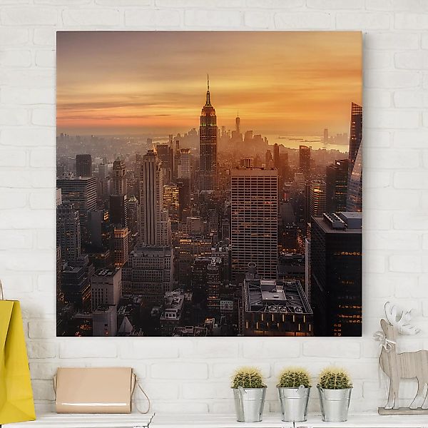 Leinwandbild - Quadrat Manhattan Skyline Abendstimmung günstig online kaufen