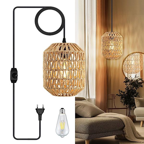 SERBASIC Pendelleuchte Dimmbar Boho Rattan hängelampe günstig online kaufen