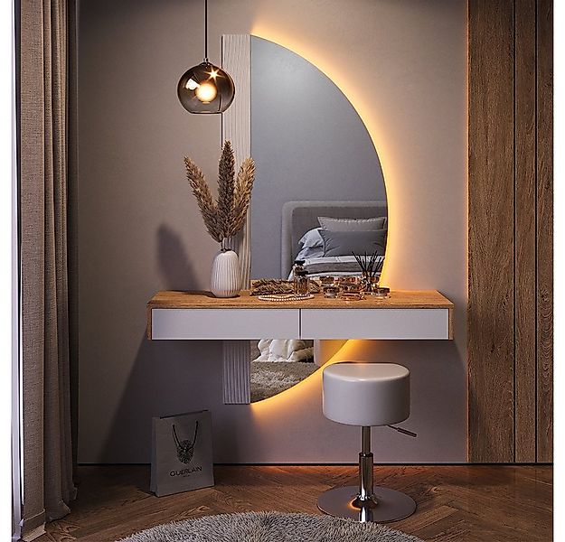 Vicco Schminktisch Melisa, Eiche/Weiß, 120 cm mit LED Beleuchtung und Hocke günstig online kaufen