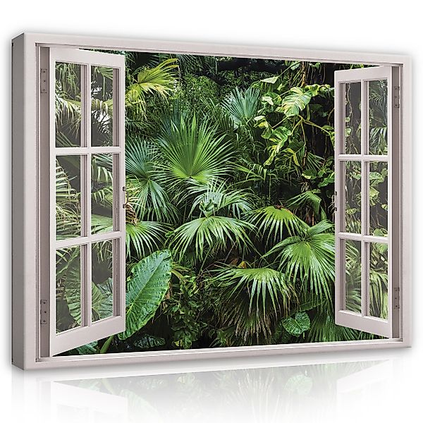 Wallarena Leinwandbild Fensterblick Dschungel Wald Blätter günstig online kaufen