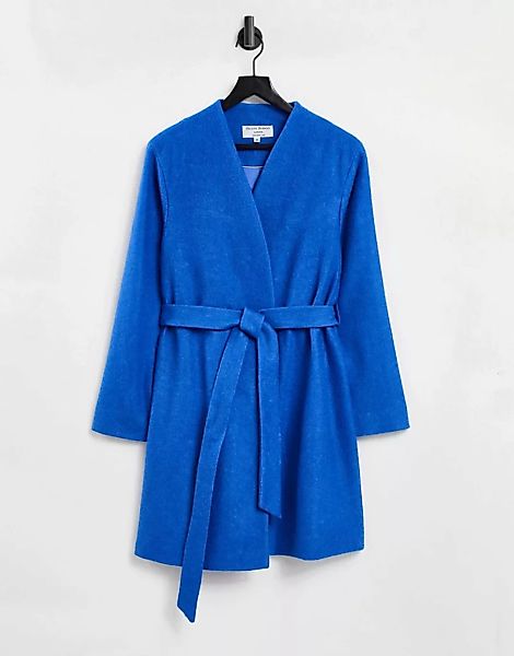 Helene Berman – Kragenloser Mantel in Blau mit Bindegürtel günstig online kaufen