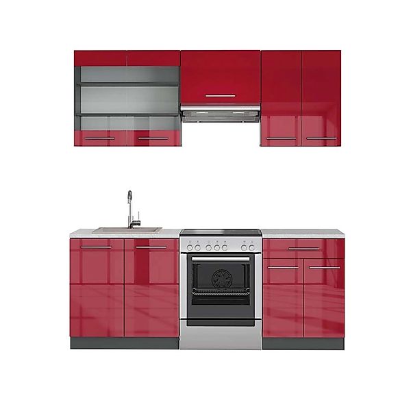 Vicco Fame-Line Küchenzeile Bordeaux Hochglanz/Anthrazit 200 cm AP Marmor günstig online kaufen
