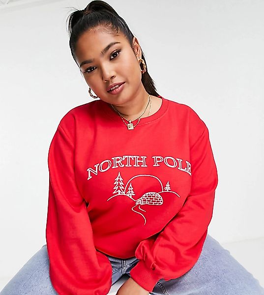 Threadbare Plus – Weihnachtliches Sweatshirt in Rot mit Stickerei günstig online kaufen