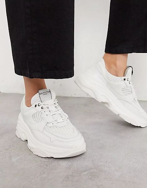 Selected Femme – Klobige Ledersneaker mit Netzmaterial in Weiß günstig online kaufen