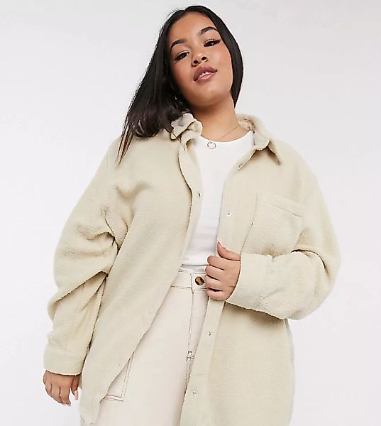 ASOS DESIGN Curve – Fleece-Hemdjacke in Creme-Neutral günstig online kaufen