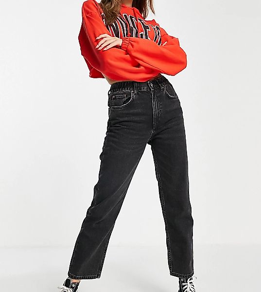 Pull&Bear Petite– Exclusive – Mom-Jeans in Schwarz mit elastischem Bund günstig online kaufen