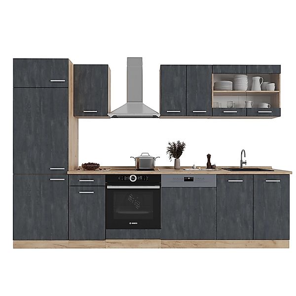 Vicco R-Line Küchenzeile Schwarz Beton/Goldkraft Eiche 300 cm AP Eiche günstig online kaufen