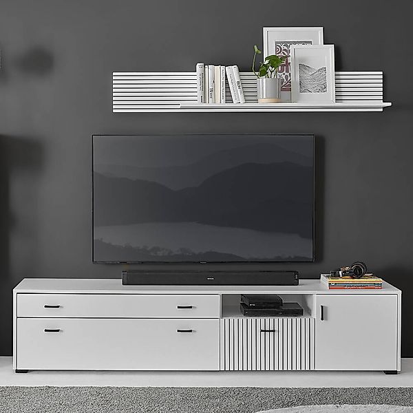 Wohnzimmer Set 200cm TV Lowboard und Wandboard weiß matt schwarz gerillt HU günstig online kaufen