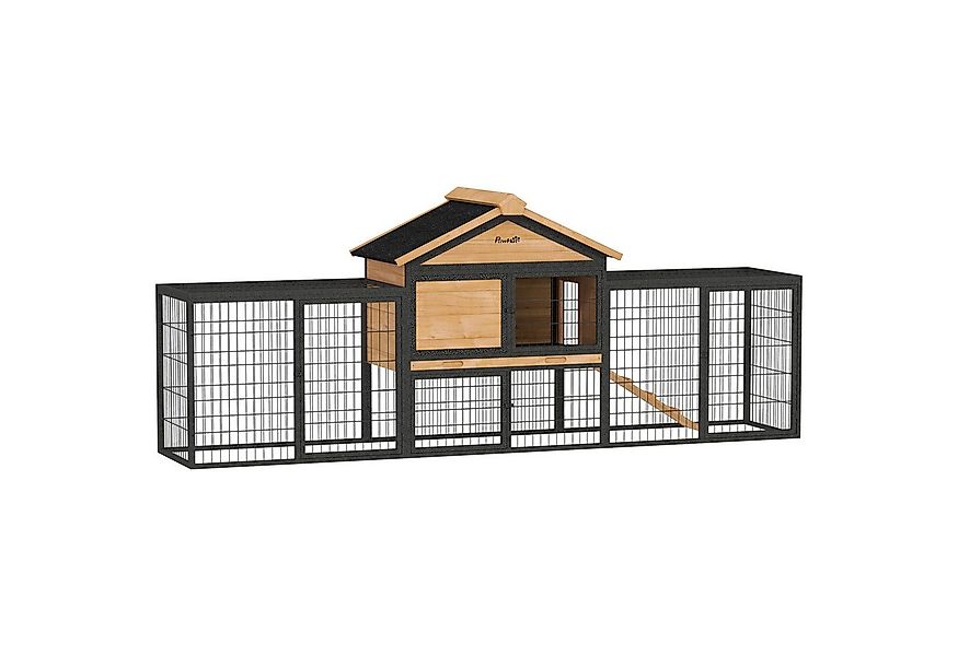 PawHut Kleintierstall 2 Ebenen, mit Satteldach, Freilaufgeheg, aus Vollholz günstig online kaufen