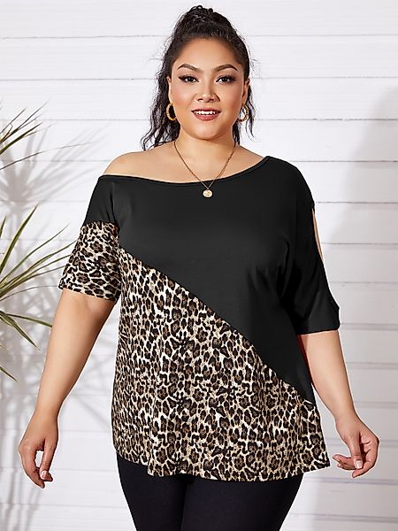 YOINS Plus Größe One Schulter Patchwork Leopard Cut Out Half Sleeves T-Shir günstig online kaufen
