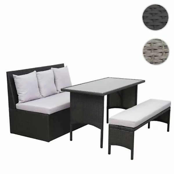 HWC Mendler Poly-Rattan Garnitur mit 2er Sofa Tisch und Bank schwarz/grau günstig online kaufen
