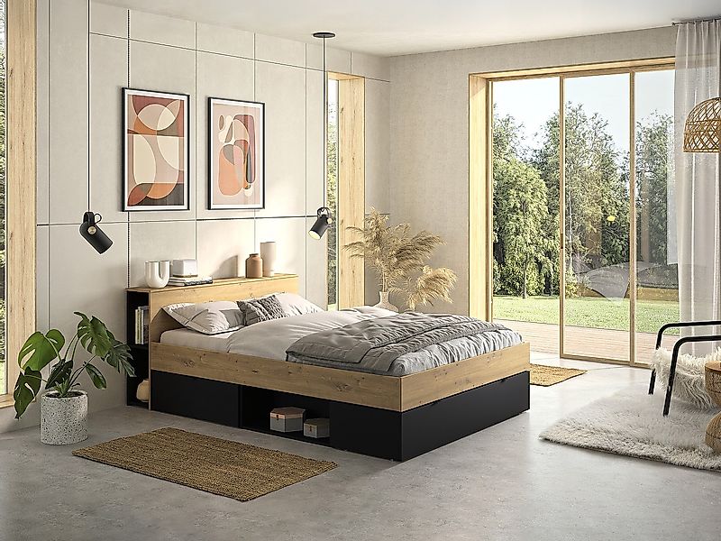 Bett - 140 x 190 cm - 3 Schubladen & 6 Ablagefächer - Holzfarben & Schwarz günstig online kaufen