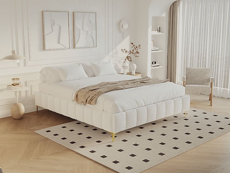 Deko-Polster-Bettgestell - 160 x 200 cm - Bouclé-Stoff & goldfarbene Füßen günstig online kaufen