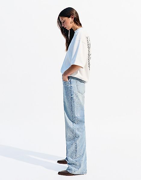 Bershka Wide-Leg-90'S-Jeans Mit Glitzer Damen 36 Ausgewaschenes Blau günstig online kaufen