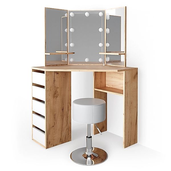 Vicco Eckschminktisch Arielle Goldkraft Eiche 110 cm mit LED Beleuchtung un günstig online kaufen