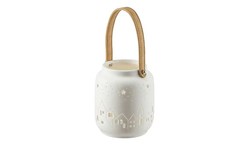 HOME STORY Windlicht   ¦ weiß ¦ Steingut,Kunstleder ¦ Maße (cm): H: 14  Ø: günstig online kaufen