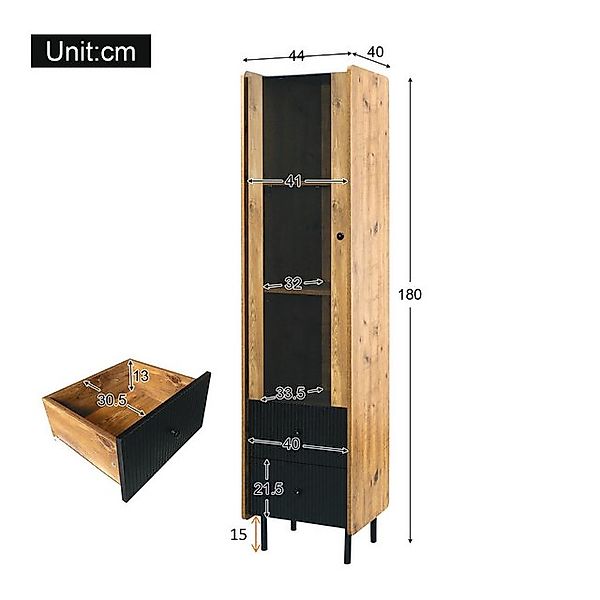 Fanttik Hochschrank Mehrzweckschrank 180 x 44 x 40 cm mit Glastür, gelbem L günstig online kaufen