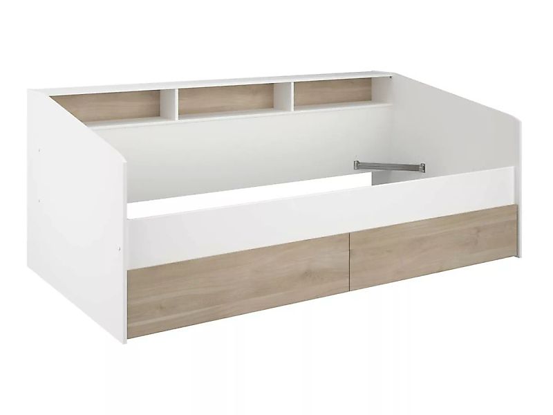 Bett mit Stauraum - 90 x 190/200 cm- Weiß & Holzfarben - PAULETTE günstig online kaufen