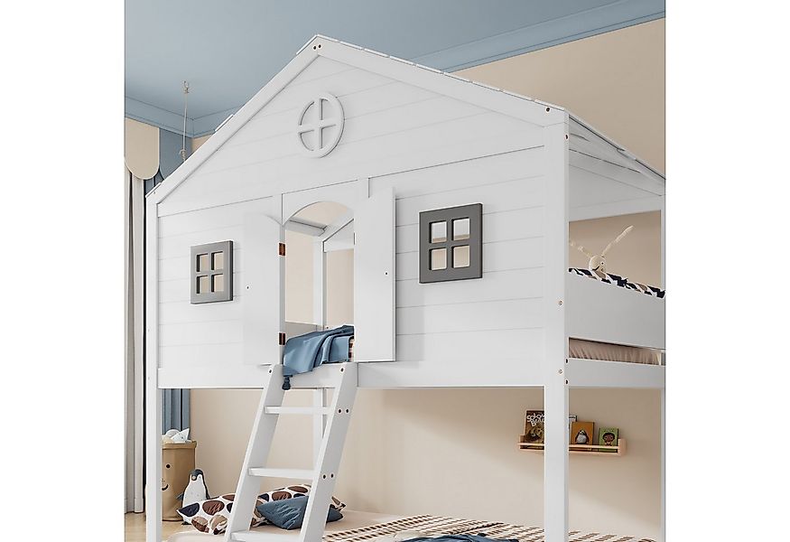 MC Star Hausbett mit Treppe, mit Fallschutz und Gitter, Zwei graue Fenster, günstig online kaufen