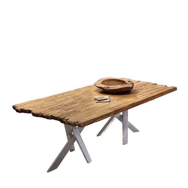 Rustikaler Esszimmertisch in Teak und Altsilberfarben Bruchkante günstig online kaufen