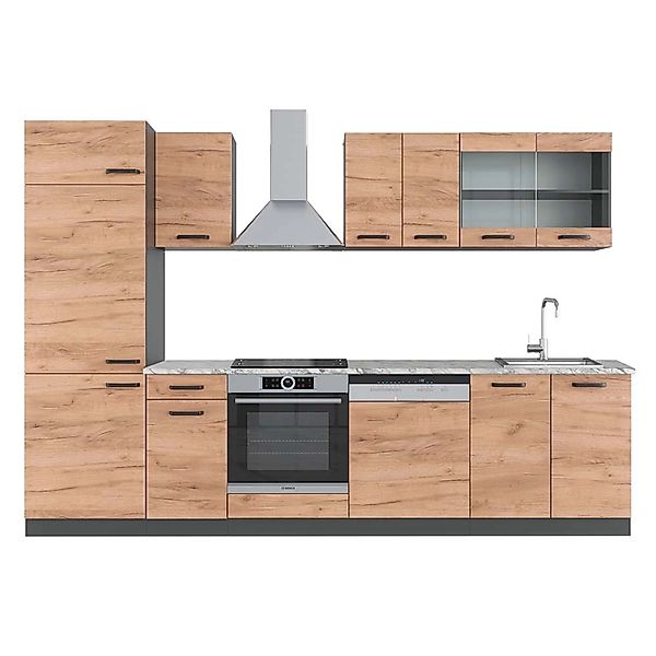 Vicco R-Line Küchenzeile Goldkraft Eiche/Anthrazit 300 cm AP Marmor Opt 2 günstig online kaufen