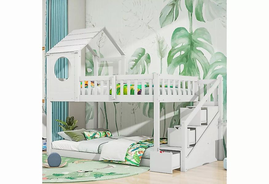 REDOM Etagenbett Doppelbett, Kinderbett in Hausform, Leiterschrank, Kiefern günstig online kaufen