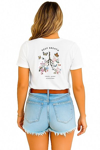 Banco T-Shirt Damen mit Rückendruck „Deep Breath“ – Blumen & Schmetterlinge günstig online kaufen