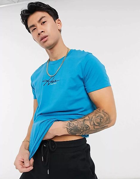 Hollister – T-Shirt mit mittigem Logoschriftzug in Blaugrün günstig online kaufen