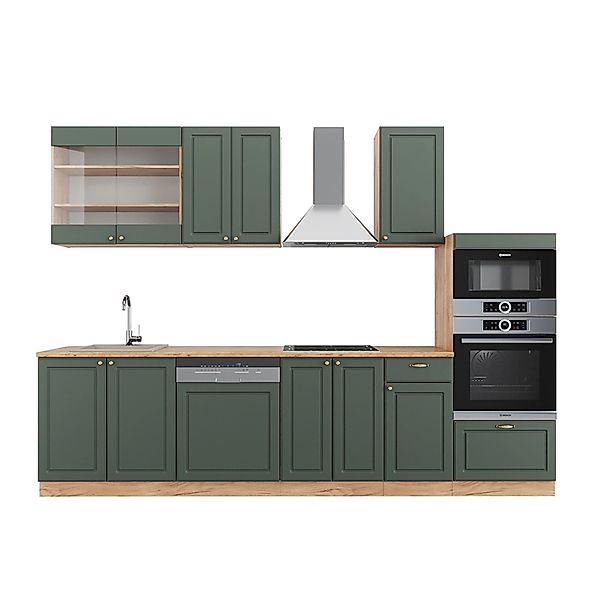 Vicco Fame-Line Küchenzeile Grün-Gold Landhaus/Goldkraft Eiche 300 cm mit H günstig online kaufen