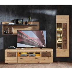 Wohnwand in Wildeiche Hirnholz Optik Dunkelgrau (dreiteilig) günstig online kaufen