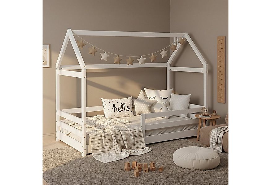 Homestyle4u Hausbett 80x160 cm Kinderbett Bodenbett Holzbett Weiß Kleinkind günstig online kaufen