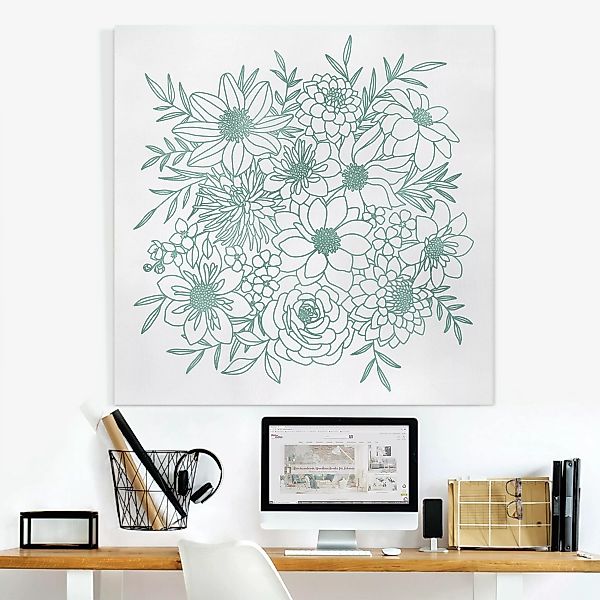 Leinwandbild Lineart Blumen in Metallic Grün günstig online kaufen