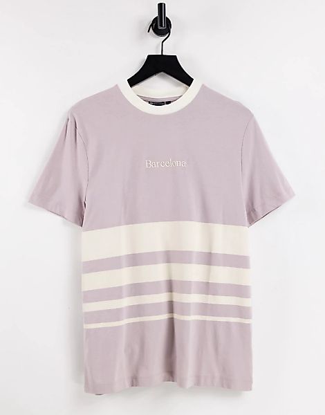 ASOS DESIGN – T-Shirt in Flieder mit Farbblockdesign und Barcelona-Print-Gr günstig online kaufen