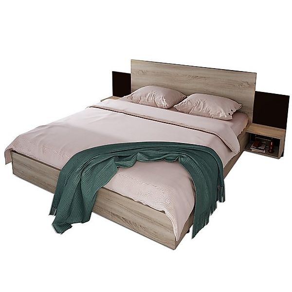 VISTEFLY Holzbett Doppelbett 160x200 mit 2 Nachttischen, Eiche/Dunkelgrau günstig online kaufen