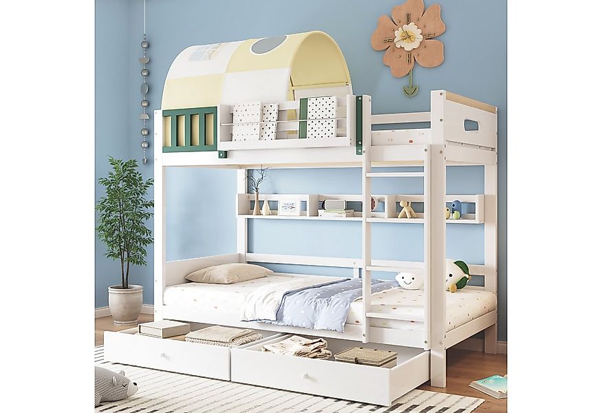 Flieks Etagenbett, Hausbett Kinderbett 90x200cm mit Zelt-Design und 2 Schub günstig online kaufen