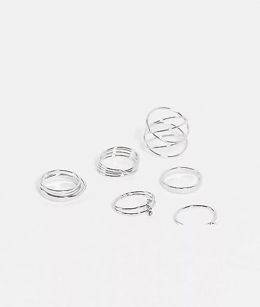 Topshop – 6 x Multipack mit ausgefallenen, silberfarbenen Ringen günstig online kaufen