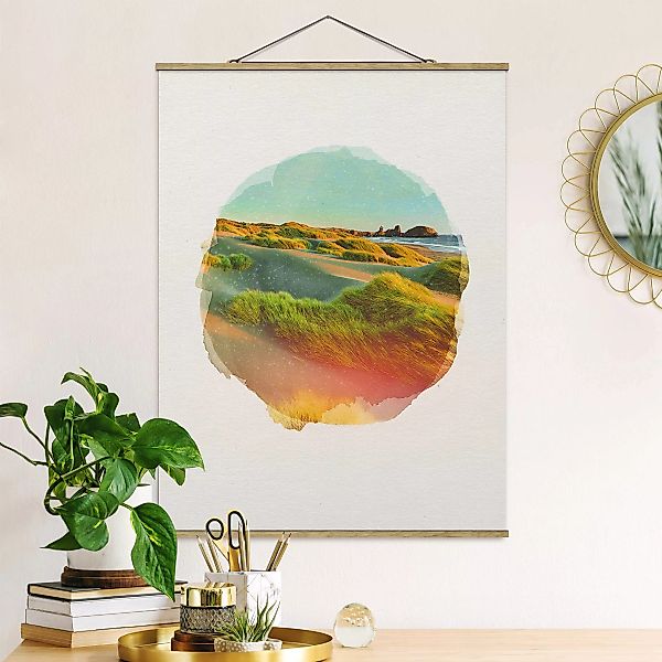 Stoffbild Strand mit Posterleisten - Hochformat Wasserfarben - Dünen und Gr günstig online kaufen