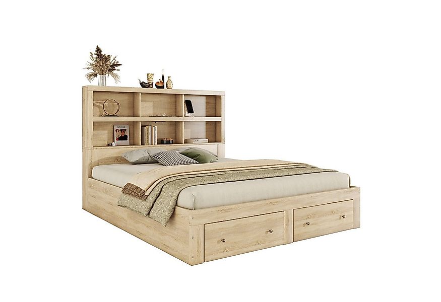 Merax Holzbett 160x200cm mit 6 Fächern und 2 Schubladen, Doppelbett Kingsiz günstig online kaufen