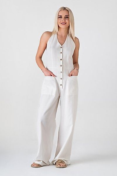 WENOR Overall Damen Jumpsuit Leinen-Viskose mit Knöpfen & Nackenbindung Nat günstig online kaufen