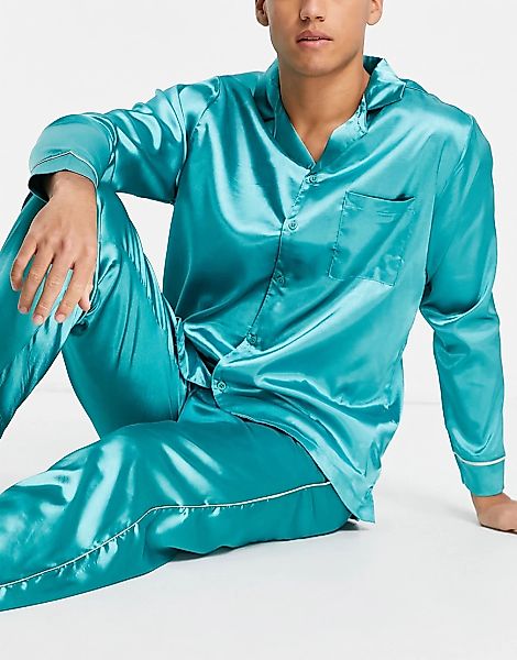 ASOS DESIGN – Lounge-Pyjama aus Satin bestehend aus Hemd und Hose mit Paspe günstig online kaufen
